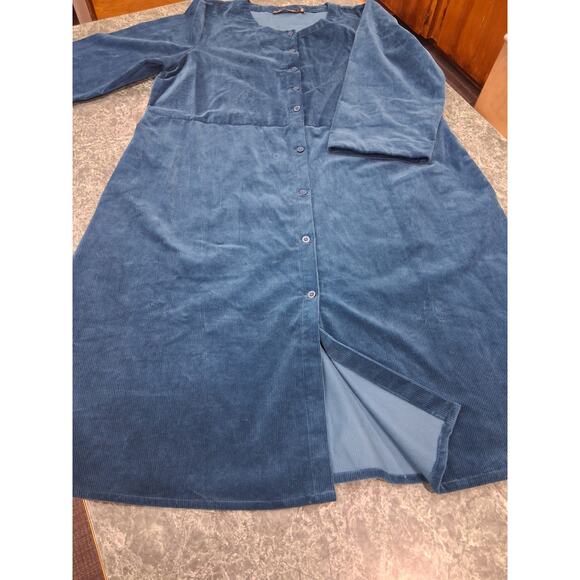 GUDRUN SJODEN Teal 3/4 Sleeve Corduroy Pockets Relaxed Dress Sz L Lagenlook
